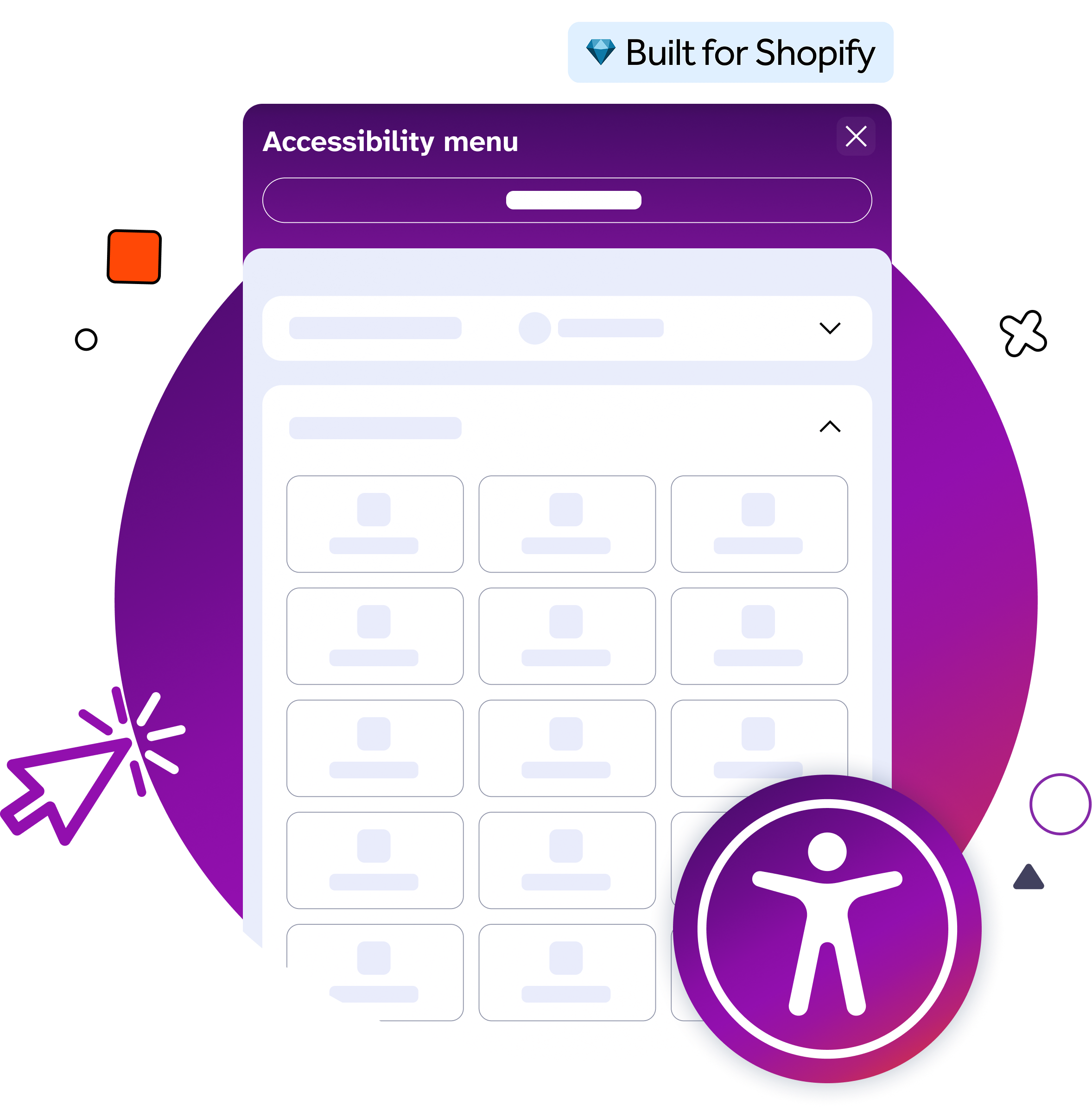 Accessibility menu interface for a Shopify app, showing an accessible control panel with various layout options and an accessibility icon overlay.