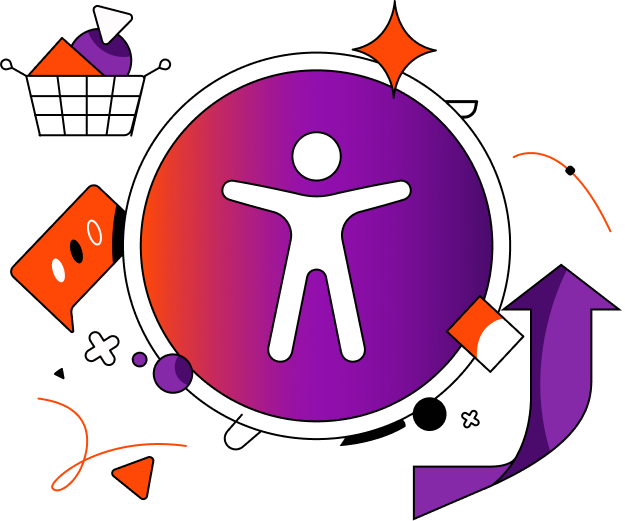 Image of wrapped gift with a purple circle behind it. 3 other images around the circle accessibility icon, cursor icon and drawing